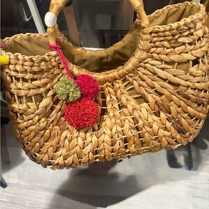 Woven Tan Handbag with Pom Poms